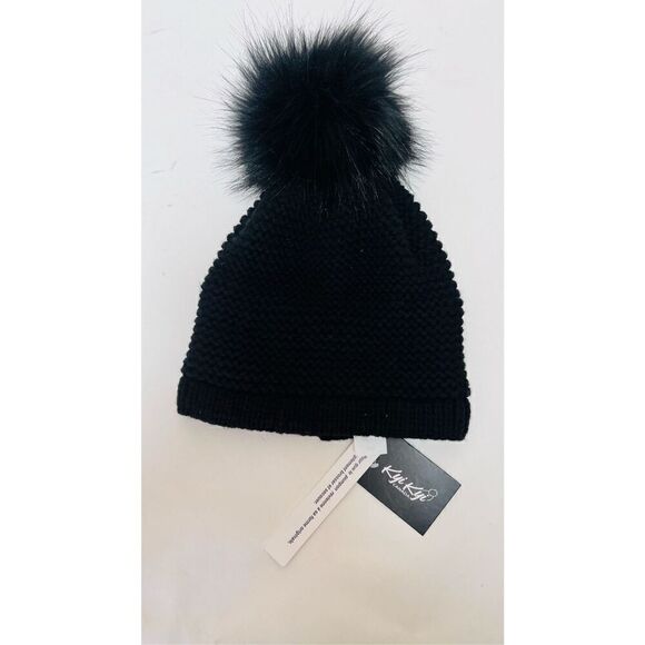 Kyi Kyi Womens Wool Blend Faux Fur Pom-Pom Icon Beanie Hat Black One Size NWT - Picture 2 of 4